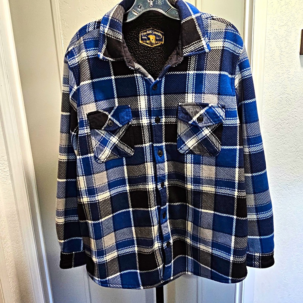 Freedom Foundry Mens Large Blue Plaid Fleece Sherpa Lined Flannel Shirt Jacket